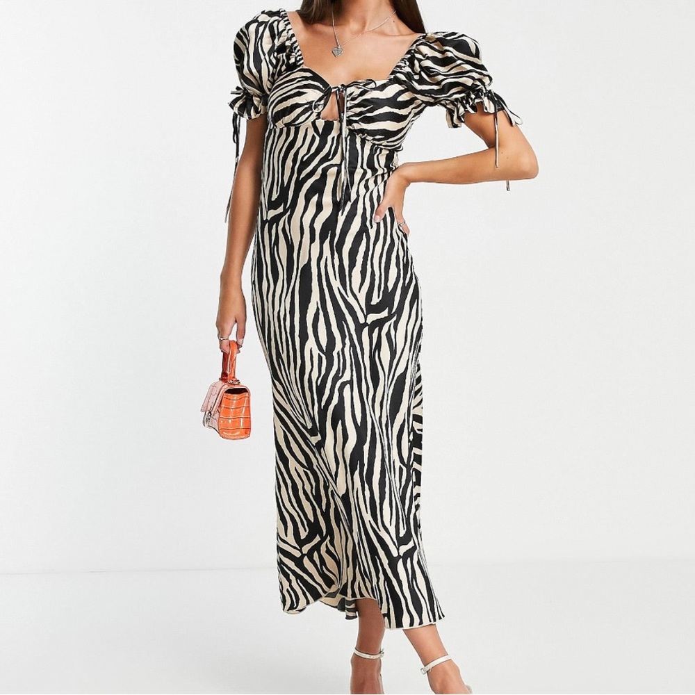 ASOS tall satin midi tea dress with tie front in stone zebra print